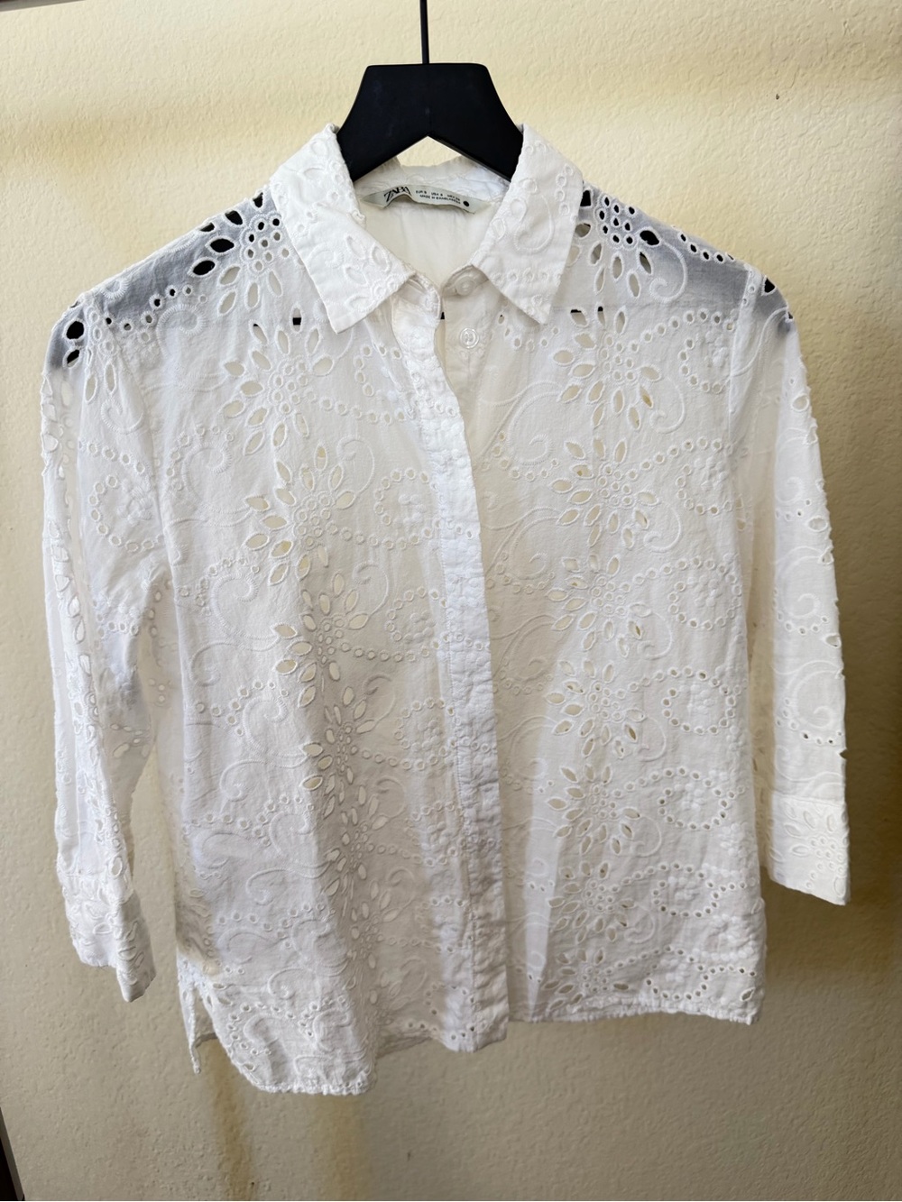 Zara White Eyelet Button-Down Shirt
